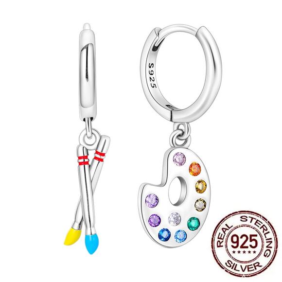 Sterling Silver‎ Painter's Palette & Brush Artistic Hoop Earrings S925 - Picture 1 of 5